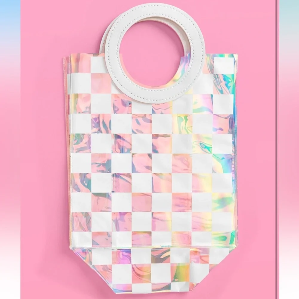 NWT 6Pc Clear Iridescent‎ + White Checkered PVC Bag Set